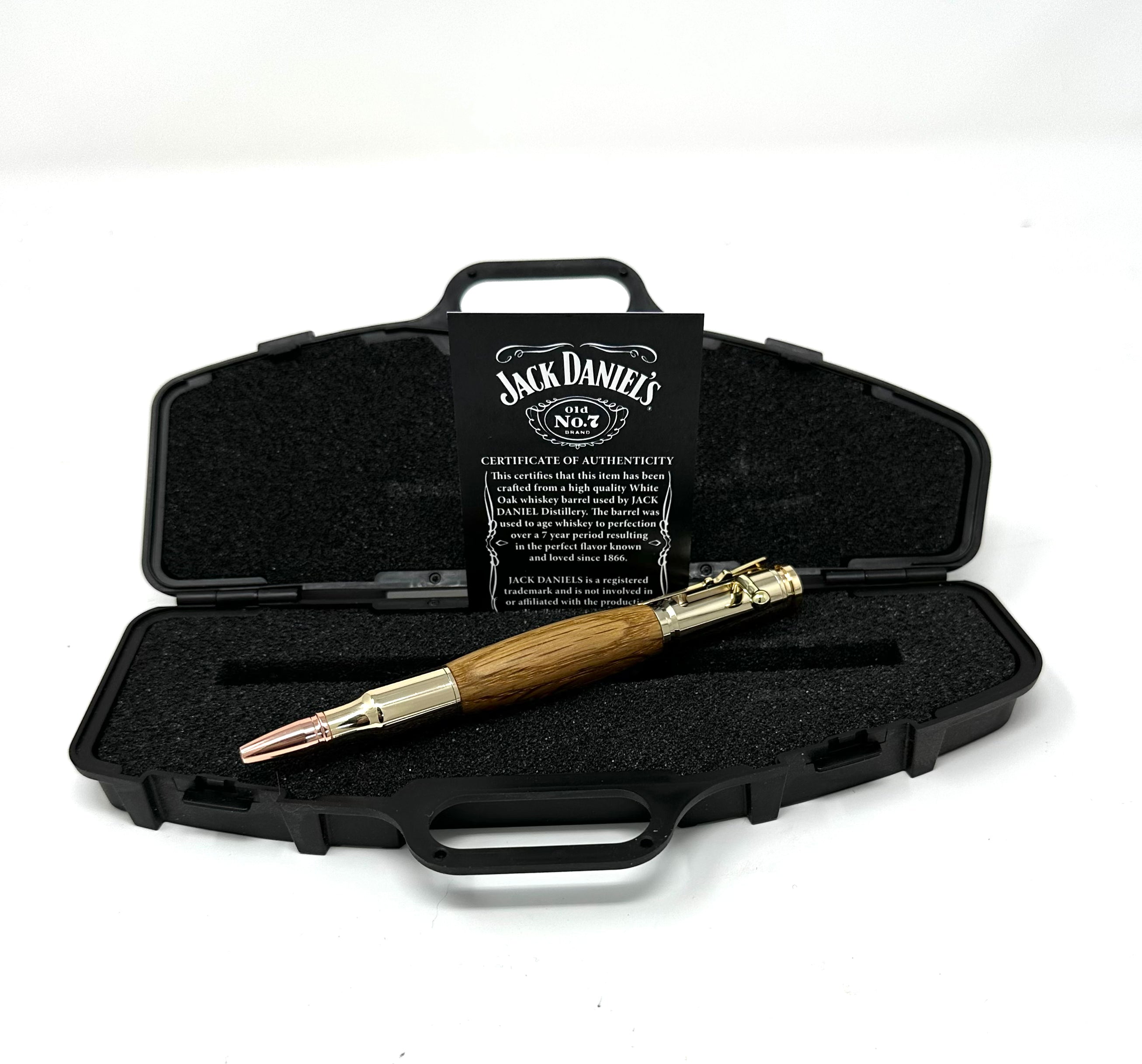 Jack Daniels Whiskey Barrel Wood Pen W/ COA And Presentation Box (Gold Finish))