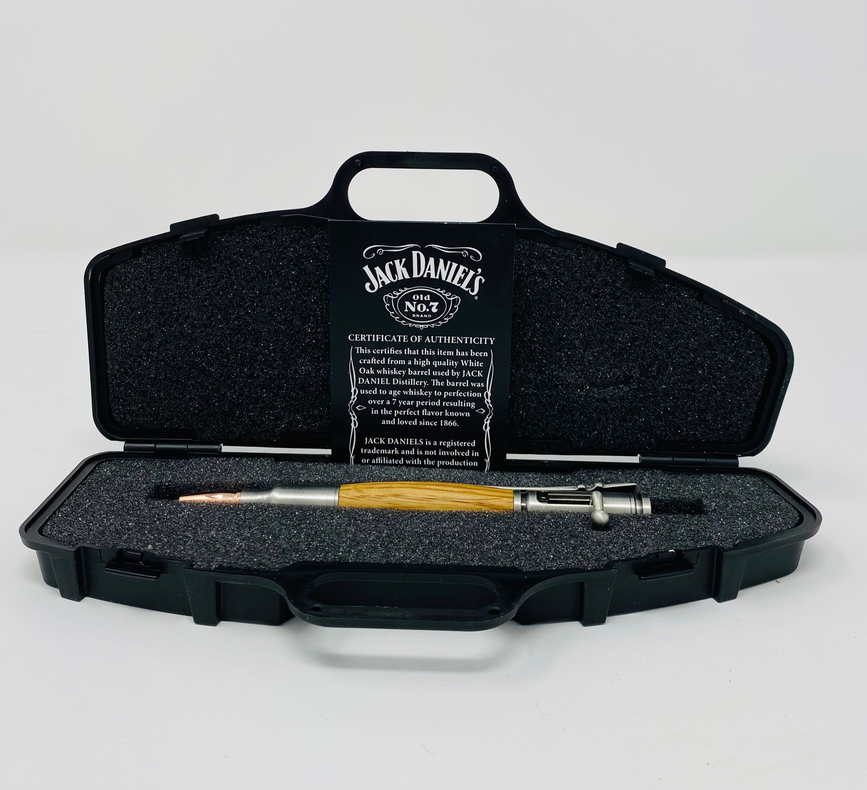 Jack Daniels Whiskey Barrel Wood Pen W/ COA And Presentation Box (Pewter Finish))